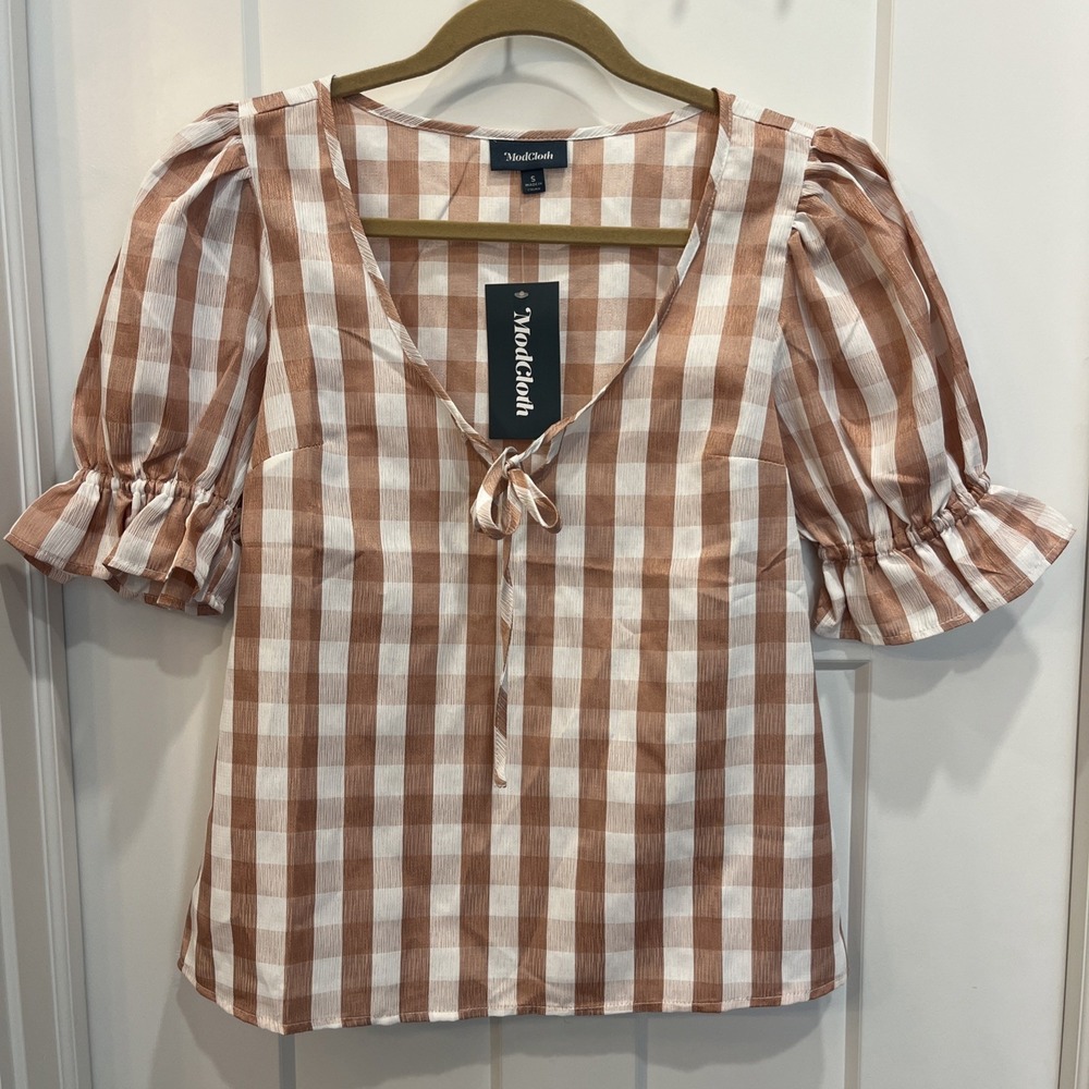 ModCloth Peasant Boho Women's Blouse Shirt Top Blush Pink White Gingham Sz S NWT